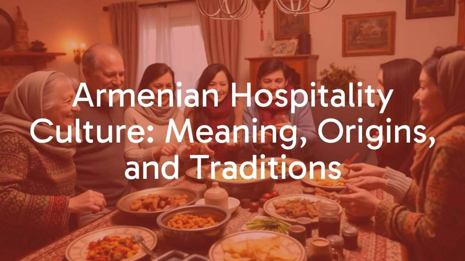Armenian family welcoming guests with traditional food, warm and inviting atmosphere, cultural elements, cozy home setting, realistic.