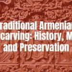 Intricate traditional Armenian woodcarving with religious motifs, detailed patterns on wooden surface, warm natural tones, realistic.