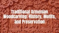 Intricate traditional Armenian woodcarving with religious motifs, detailed patterns on wooden surface, warm natural tones, realistic.