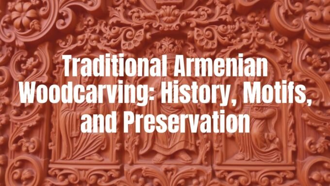 Intricate traditional Armenian woodcarving with religious motifs, detailed patterns on wooden surface, warm natural tones, realistic.