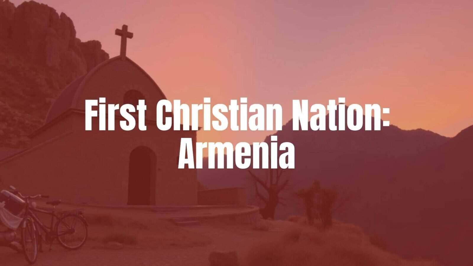 Ancient Armenian church at sunset, historic Christian architecture, stone cross, mountainous landscape, warm golden light, realistic.