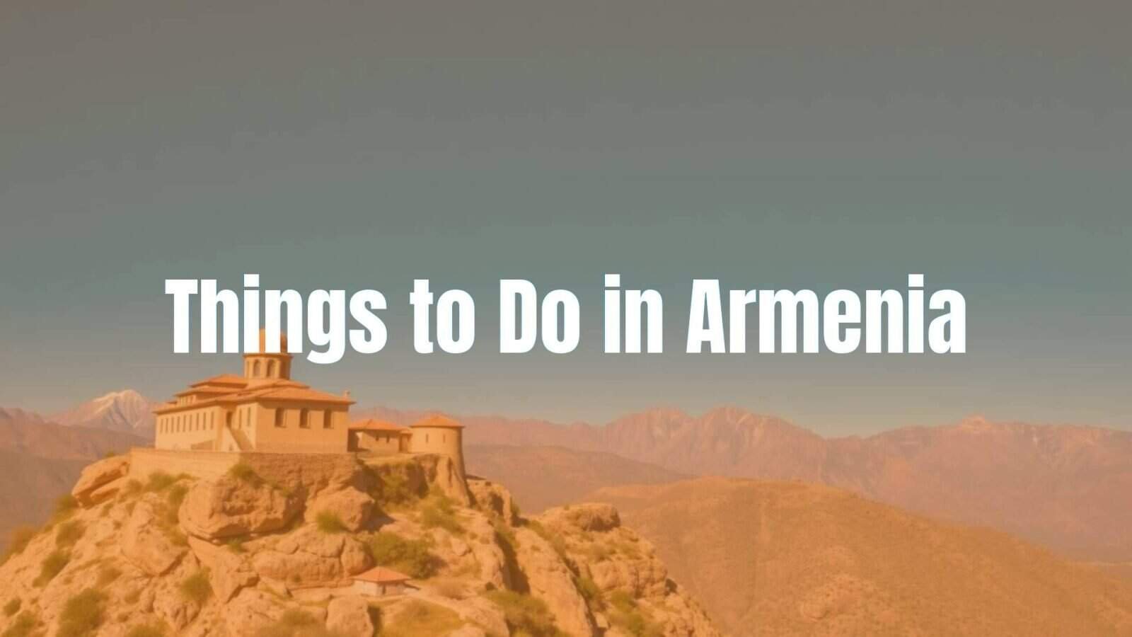 A panoramic view of ancient Armenian monastery on a cliff, surrounded by majestic mountains and clear blue skies, vibrant colors, realistic.