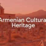 Ancient Armenian monastery at sunset, traditional Armenian cross-stones (khachkars) in the foreground, warm golden light, mountains in the background, realistic style.