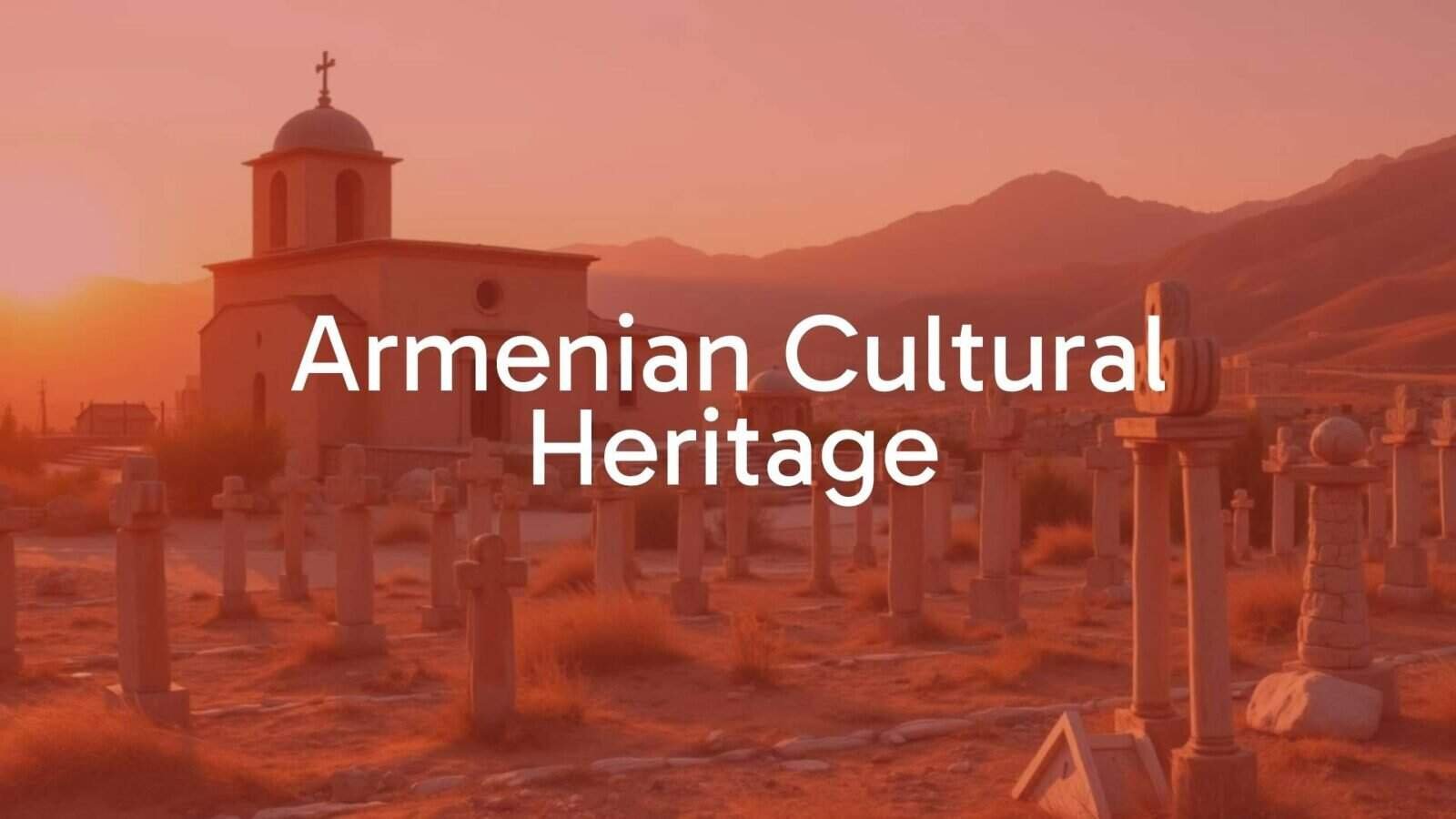 Ancient Armenian monastery at sunset, traditional Armenian cross-stones (khachkars) in the foreground, warm golden light, mountains in the background, realistic style.