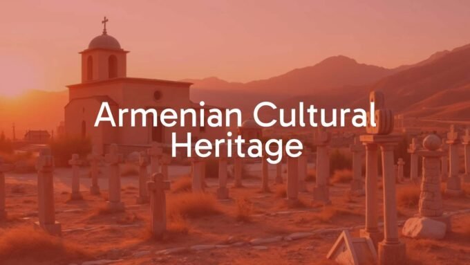 Ancient Armenian monastery at sunset, traditional Armenian cross-stones (khachkars) in the foreground, warm golden light, mountains in the background, realistic style.