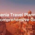 Armenia travel scene, ancient monastery on a cliff, Yerevan city skyline with pink stone buildings, scenic mountain landscape, vibrant apricot trees, sunny day, realistic