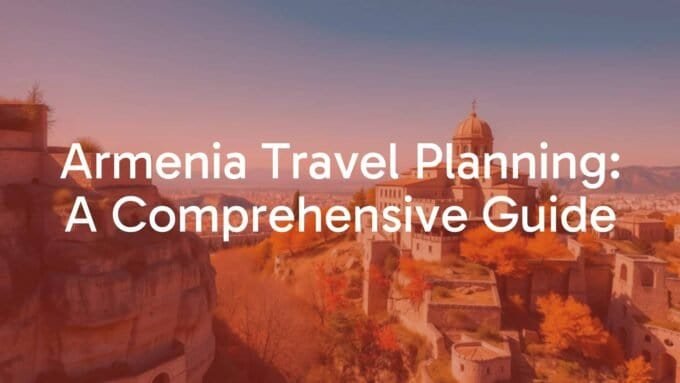 Armenia travel scene, ancient monastery on a cliff, Yerevan city skyline with pink stone buildings, scenic mountain landscape, vibrant apricot trees, sunny day, realistic