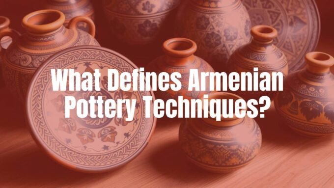 Traditional Armenian pottery pieces with intricate patterns, warm earthy colors, and cultural symbols, arranged on a rustic wooden table, natural daylight, detailed and realistic.