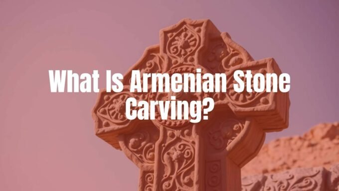 A detailed khachkar cross-stone with intricate carvings of rosettes and interlace patterns, Armenian style, volcanic tuff material, historical and cultural significance, realistic