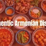 A traditional Armenian feast spread, showcasing grilled meats, hearty stews, fresh bread, yogurt, and colorful vegetarian dishes, rustic wooden table, warm lighting, vibrant and inviting, hyperrealistic.