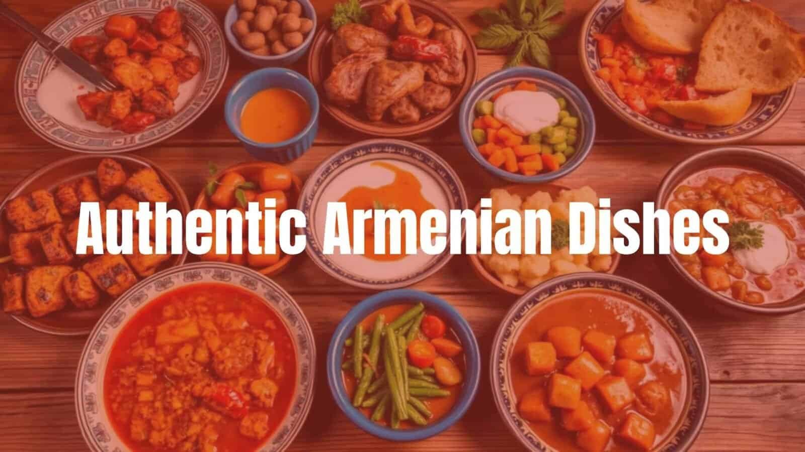 A traditional Armenian feast spread, showcasing grilled meats, hearty stews, fresh bread, yogurt, and colorful vegetarian dishes, rustic wooden table, warm lighting, vibrant and inviting, hyperrealistic.