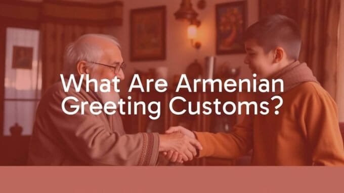 Warm and traditional Armenian greeting scene, elderly person shaking hands with a younger person, cozy home setting, cultural decor, soft lighting, realistic.