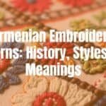 Close-up of intricate Armenian embroidery pattern with geometric and floral designs, rich colors on fabric, traditional craftsmanship, detailed stitching, cultural heritage