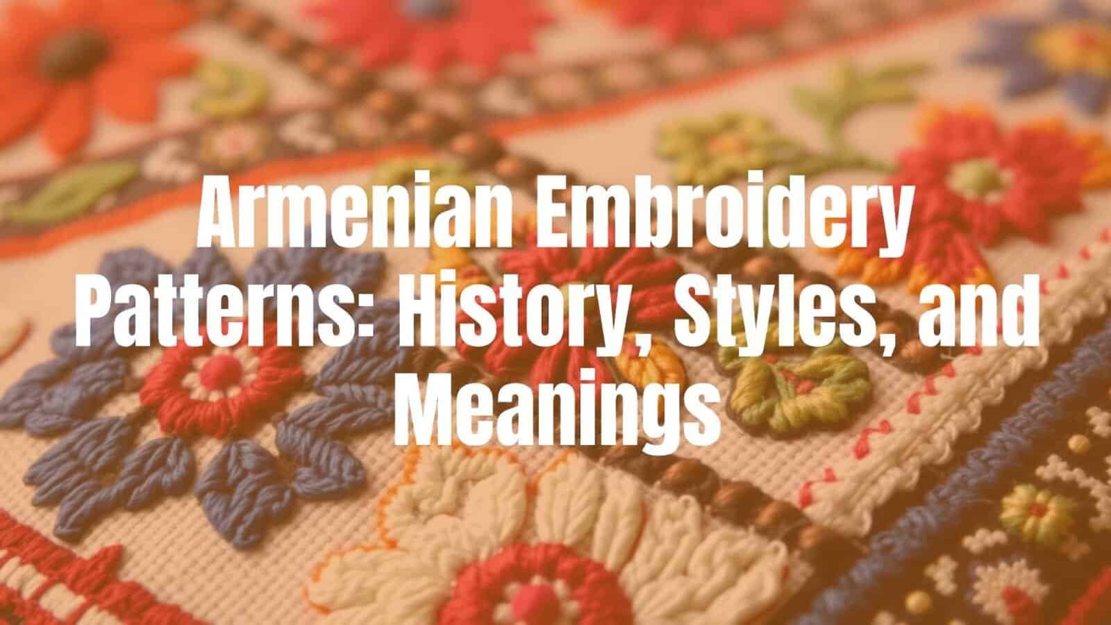 Close-up of intricate Armenian embroidery pattern with geometric and floral designs, rich colors on fabric, traditional craftsmanship, detailed stitching, cultural heritage