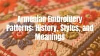 Close-up of intricate Armenian embroidery pattern with geometric and floral designs, rich colors on fabric, traditional craftsmanship, detailed stitching, cultural heritage