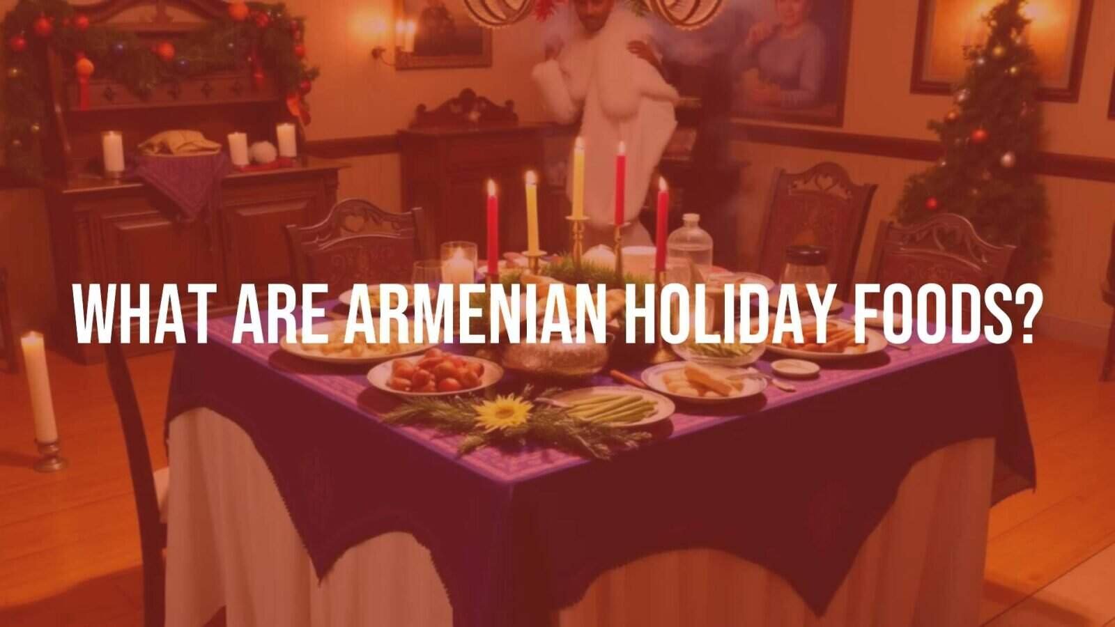 Armenian holiday feast, traditional dishes on a decorated table, warm lighting, festive mood, cultural heritage, realistic.
