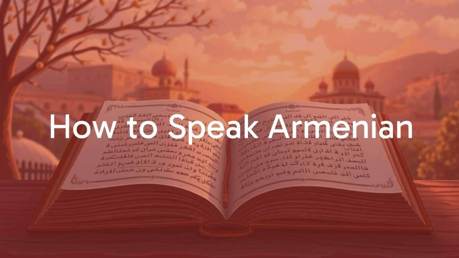 An open book with Armenian alphabet letters, a historic Armenian landscape in the background, warm and inviting lighting, illustrative style.