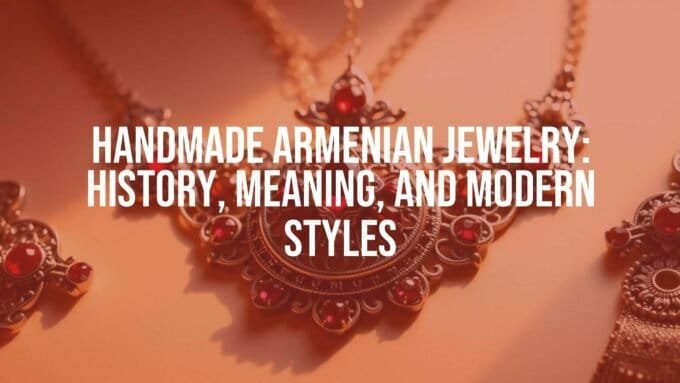 Handmade Armenian jewelry, intricate filigree silver necklace with pomegranate pendant, traditional craftsmanship, vibrant gemstones, warm golden lighting, elegant and cultural, realistic.