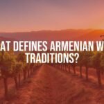 Armenian vineyard with ancient vines in high mountains, volcanic soil, native grape varieties, warm sunset lighting, cultural heritage, realistic.