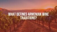 Armenian vineyard with ancient vines in high mountains, volcanic soil, native grape varieties, warm sunset lighting, cultural heritage, realistic.