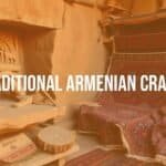 Traditional Armenian crafts, including khachkar stone carvings and hand-woven carpets, vibrant colors, intricate patterns, cultural heritage, Armenian artisans at work, warm and earthy tones, detailed and realistic.