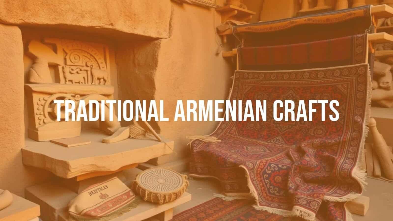 Traditional Armenian crafts, including khachkar stone carvings and hand-woven carpets, vibrant colors, intricate patterns, cultural heritage, Armenian artisans at work, warm and earthy tones, detailed and realistic.