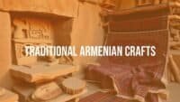 Traditional Armenian crafts, including khachkar stone carvings and hand-woven carpets, vibrant colors, intricate patterns, cultural heritage, Armenian artisans at work, warm and earthy tones, detailed and realistic.