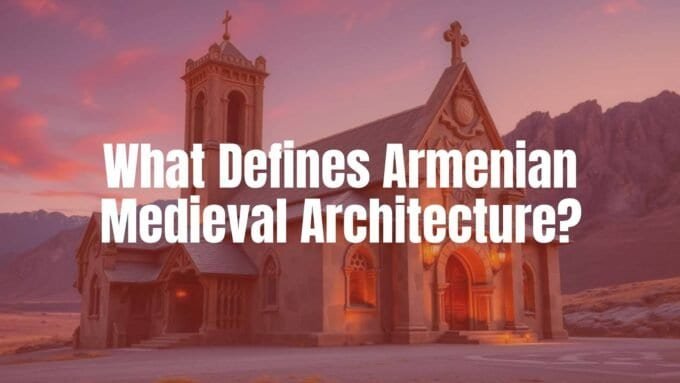 Armenian medieval church made of volcanic tuff and basalt, standing resilient against a mountainous landscape, intricate stone carvings, soft sunset lighting, realistic.