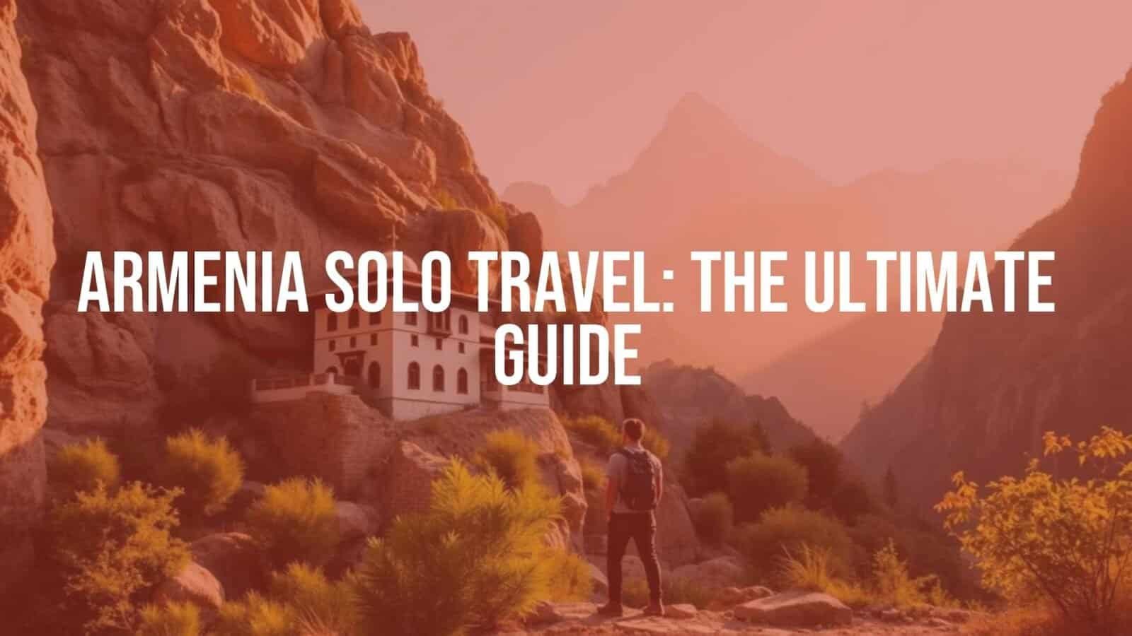 A solo traveler standing in front of the ancient Geghard Monastery in Armenia, surrounded by rocky cliffs and lush greenery, dramatic mountain backdrop, warm sunlight, realistic.