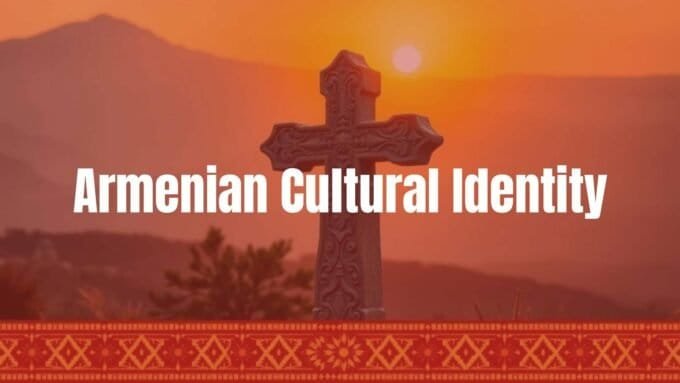 Armenian cultural identity, ancient stone cross (khachkar) with intricate carvings, Mount Ararat in the background, warm golden sunset, traditional Armenian patterns, realistic.