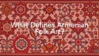 Traditional Armenian folk art, intricate geometric designs and stylized motifs, woven carpet or carved stone, vibrant colors, cultural heritage, illustrative style.