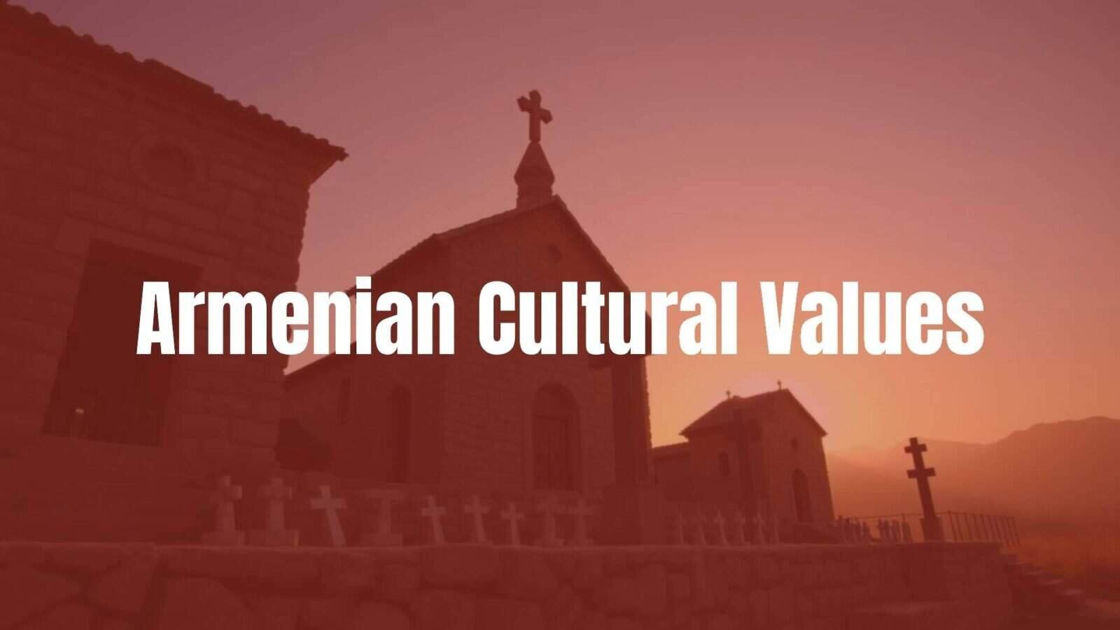 Ancient Armenian monastery at sunset, traditional stone architecture, cross-stones (khachkars), warm golden light, cultural heritage, serene and historic atmosphere, realistic.