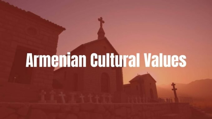 Ancient Armenian monastery at sunset, traditional stone architecture, cross-stones (khachkars), warm golden light, cultural heritage, serene and historic atmosphere, realistic.