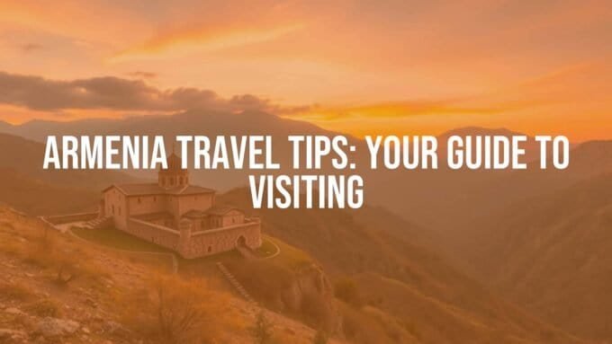 Armenian mountain landscape with ancient monastery, warm sunset, vibrant colors, cultural and travel vibe.