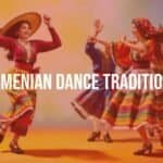 Traditional Armenian dancers in colorful costumes performing a lively folk dance, detailed movements, vibrant background, cultural heritage, expressive and joyful, realistic.