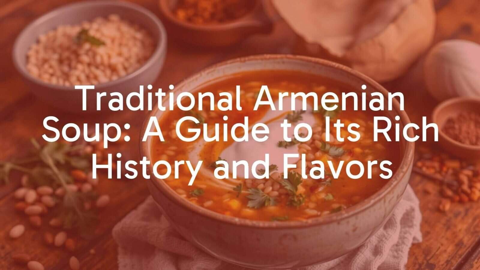 A steaming bowl of traditional Armenian soup with grains, fresh herbs, and yogurt, rich and hearty, set against a rustic wooden table with ingredients like legumes and spices nearby, warm and inviting lighting, realistic.