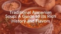 A steaming bowl of traditional Armenian soup with grains, fresh herbs, and yogurt, rich and hearty, set against a rustic wooden table with ingredients like legumes and spices nearby, warm and inviting lighting, realistic.