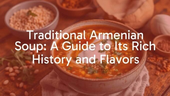 A steaming bowl of traditional Armenian soup with grains, fresh herbs, and yogurt, rich and hearty, set against a rustic wooden table with ingredients like legumes and spices nearby, warm and inviting lighting, realistic.