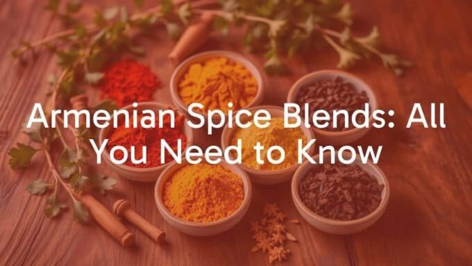 A rustic wooden table with an array of Armenian spice blends in small bowls, featuring vibrant colors of red paprika, golden turmeric, and dark fenugreek, surrounded by fresh herbs and spices, warm and inviting lighting, realistic.