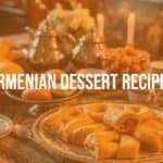 Armenian dessert table with flaky pastries, puddings, and sweets, arranged beautifully with tea and coffee, warm and inviting lighting, traditional and cozy vibe, realistic.