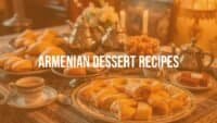 Armenian dessert table with flaky pastries, puddings, and sweets, arranged beautifully with tea and coffee, warm and inviting lighting, traditional and cozy vibe, realistic.