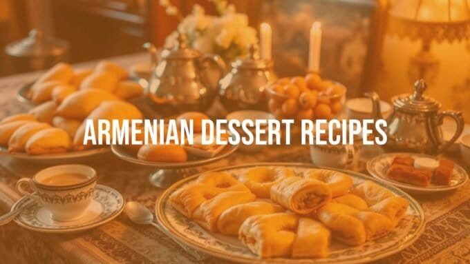 Armenian dessert table with flaky pastries, puddings, and sweets, arranged beautifully with tea and coffee, warm and inviting lighting, traditional and cozy vibe, realistic.