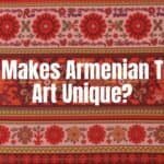 Colorful Armenian textile art with intricate patterns, traditional embroidery, and ancient symbols, vibrant and detailed, cultural heritage.