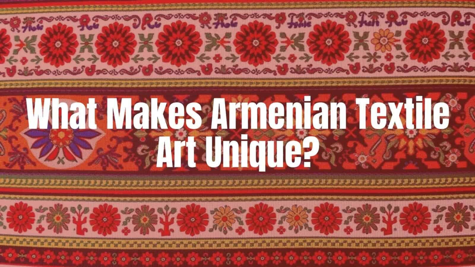 Colorful Armenian textile art with intricate patterns, traditional embroidery, and ancient symbols, vibrant and detailed, cultural heritage.