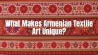 Colorful Armenian textile art with intricate patterns, traditional embroidery, and ancient symbols, vibrant and detailed, cultural heritage.