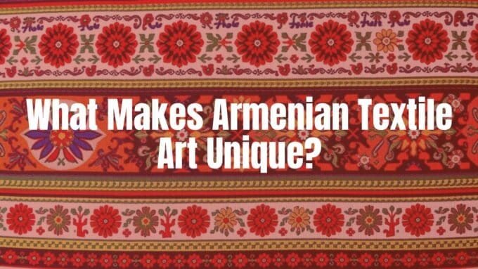 Colorful Armenian textile art with intricate patterns, traditional embroidery, and ancient symbols, vibrant and detailed, cultural heritage.