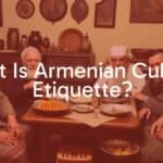 Traditional Armenian family gathering, warm hospitality, elders seated at table, sharing food, cultural artifacts in background, cozy and respectful atmosphere, realistic.