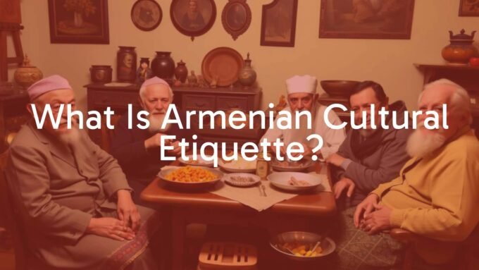 Traditional Armenian family gathering, warm hospitality, elders seated at table, sharing food, cultural artifacts in background, cozy and respectful atmosphere, realistic.