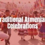 Vibrant Armenian celebration with traditional dancers, colorful costumes, and joyful atmosphere, cultural festival, lively and festive, realistic.