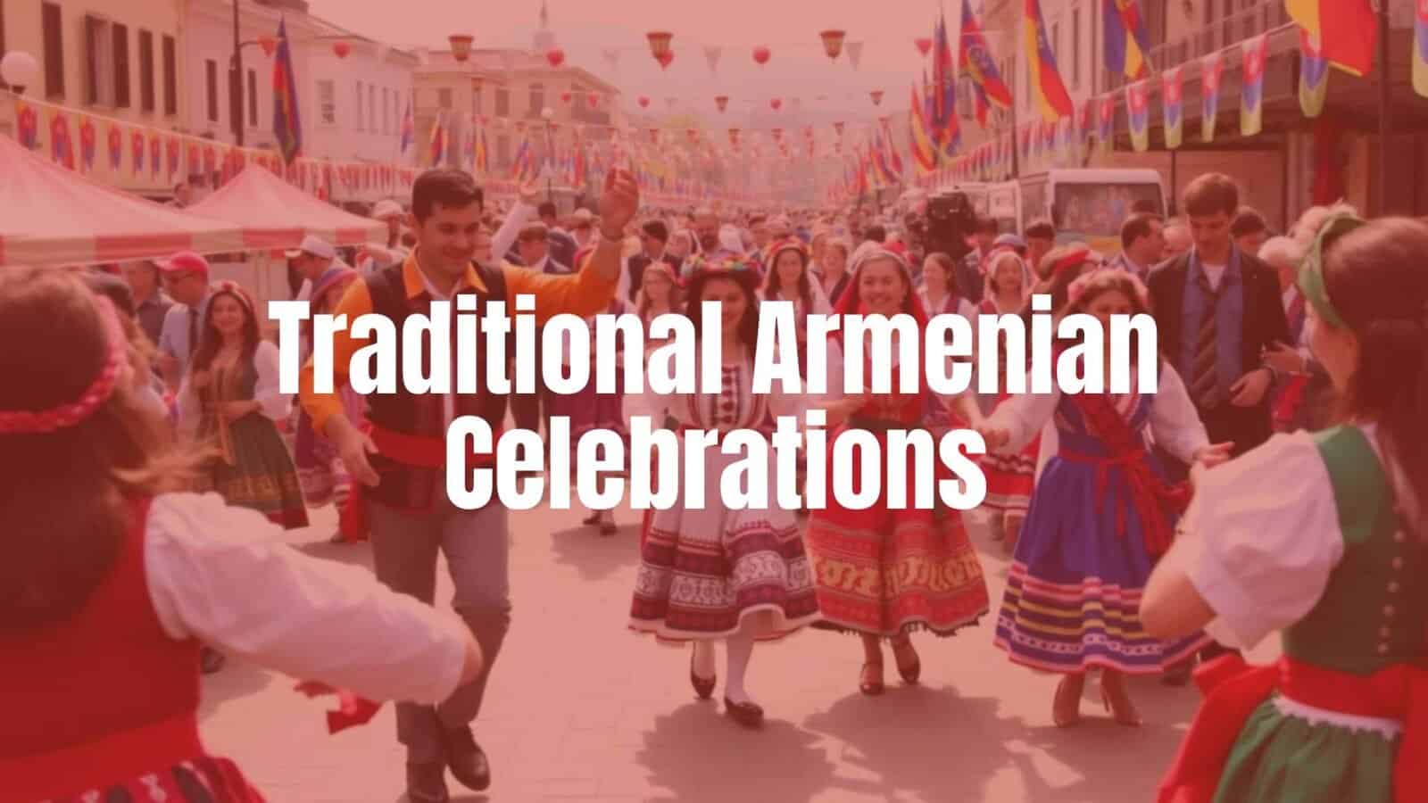 Vibrant Armenian celebration with traditional dancers, colorful costumes, and joyful atmosphere, cultural festival, lively and festive, realistic.